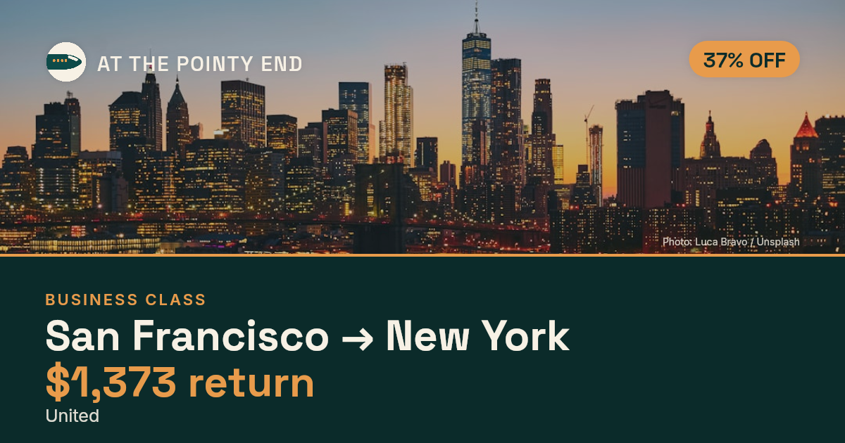 Business return to New York from US$1,373, about 37% off. Checked against live availability.