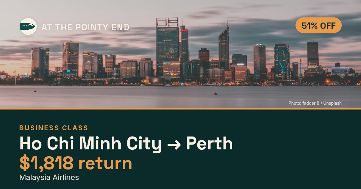 Business return to Perth from US$1,818 — ~51% off. Limited availability.
