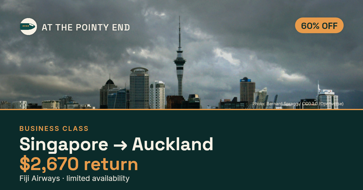 Business return to Auckland from US$2,670 — ~60% off. Limited availability.