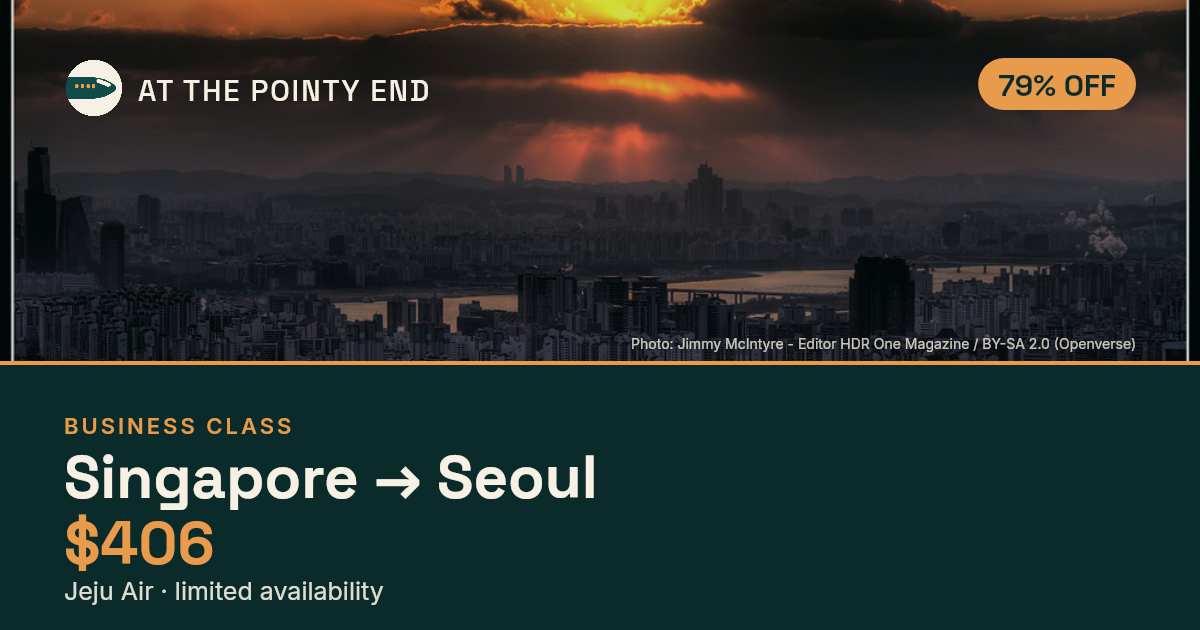 Business one-way to Seoul from US$406 — ~79% off. Limited availability.
