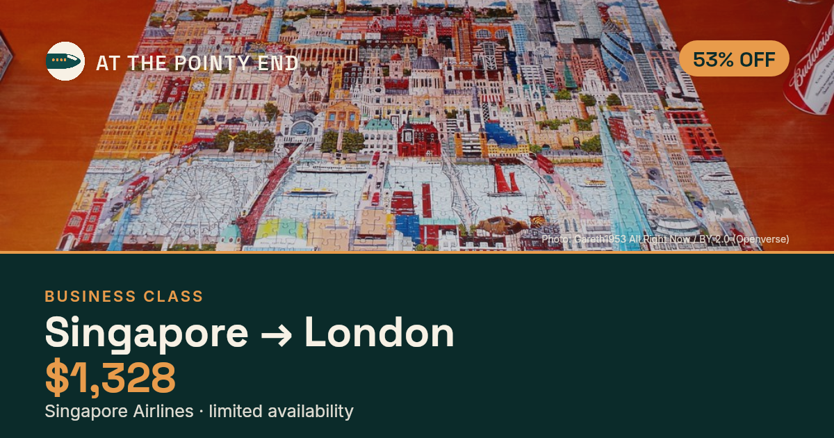 Business one-way to London from US$1,328 — ~53% off. Limited availability.