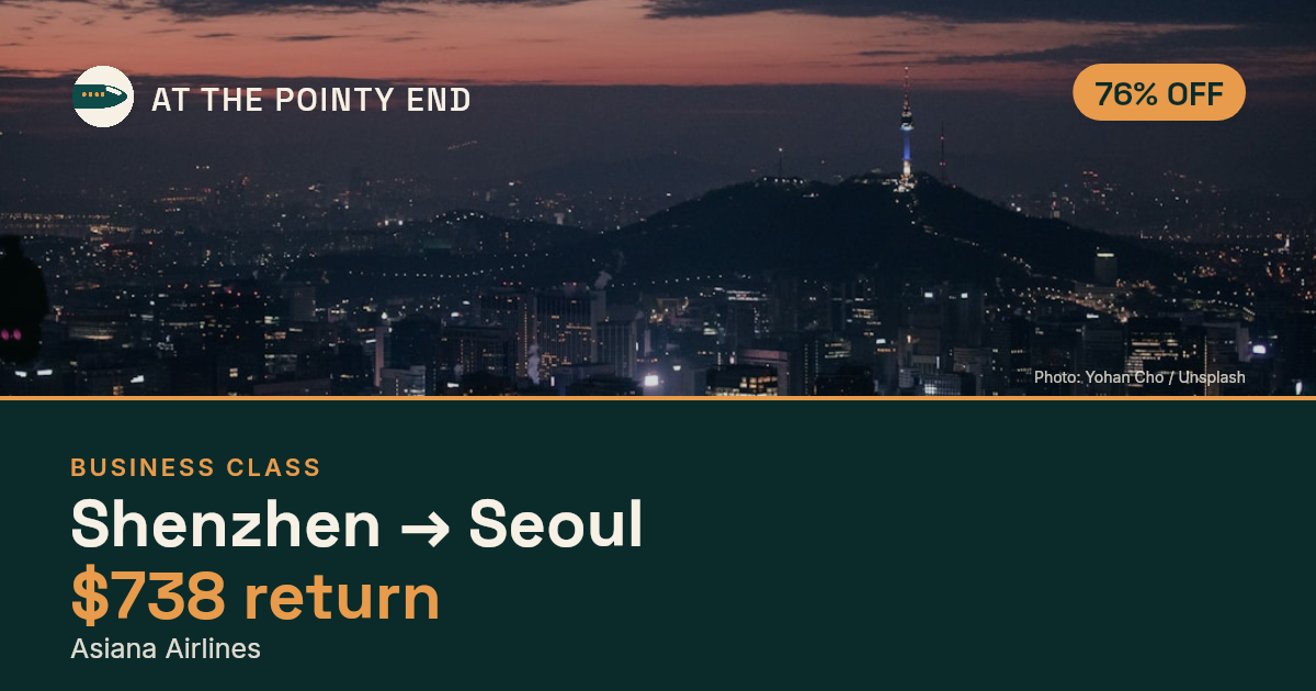 Business return to Seoul from US$738, well below typical. Checked against live availability.