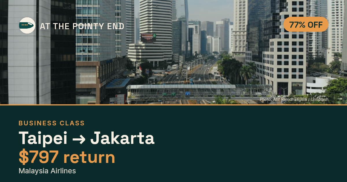 Business return to Jakarta from US$797, well below typical. Checked against live availability.