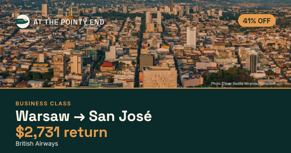 Business return to San José from US$2,731, about 41% off. Checked against live availability.