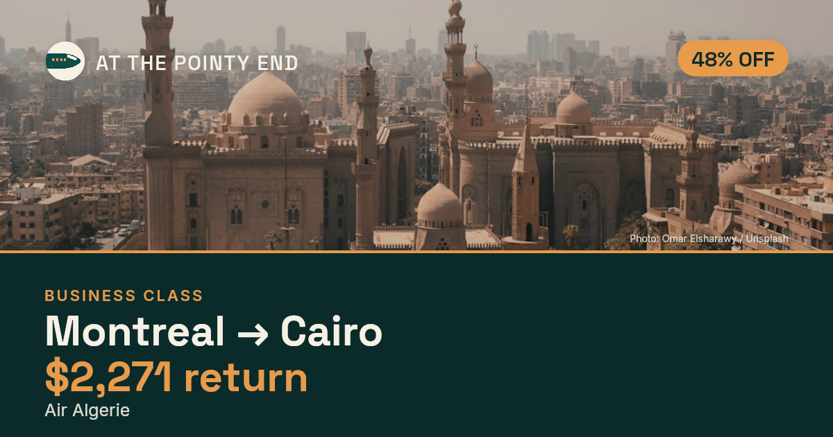 Business return to Cairo from US$2,271, about 48% off. Checked against live availability.