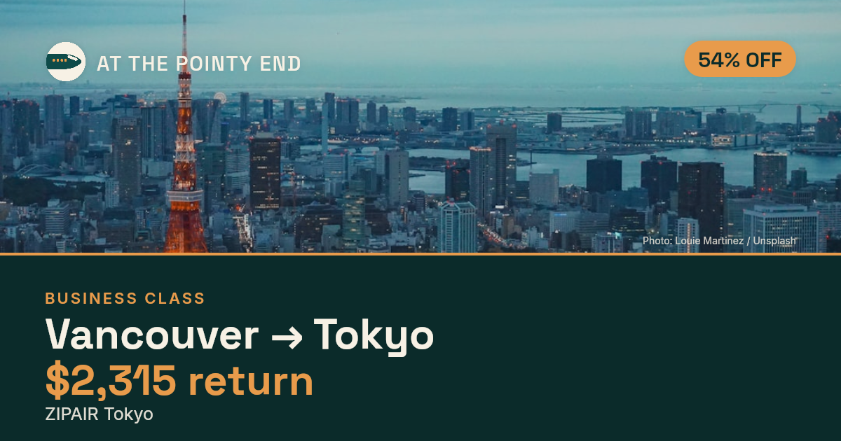 Business return to Tokyo from US$2,315, about 54% off. Checked against live availability.