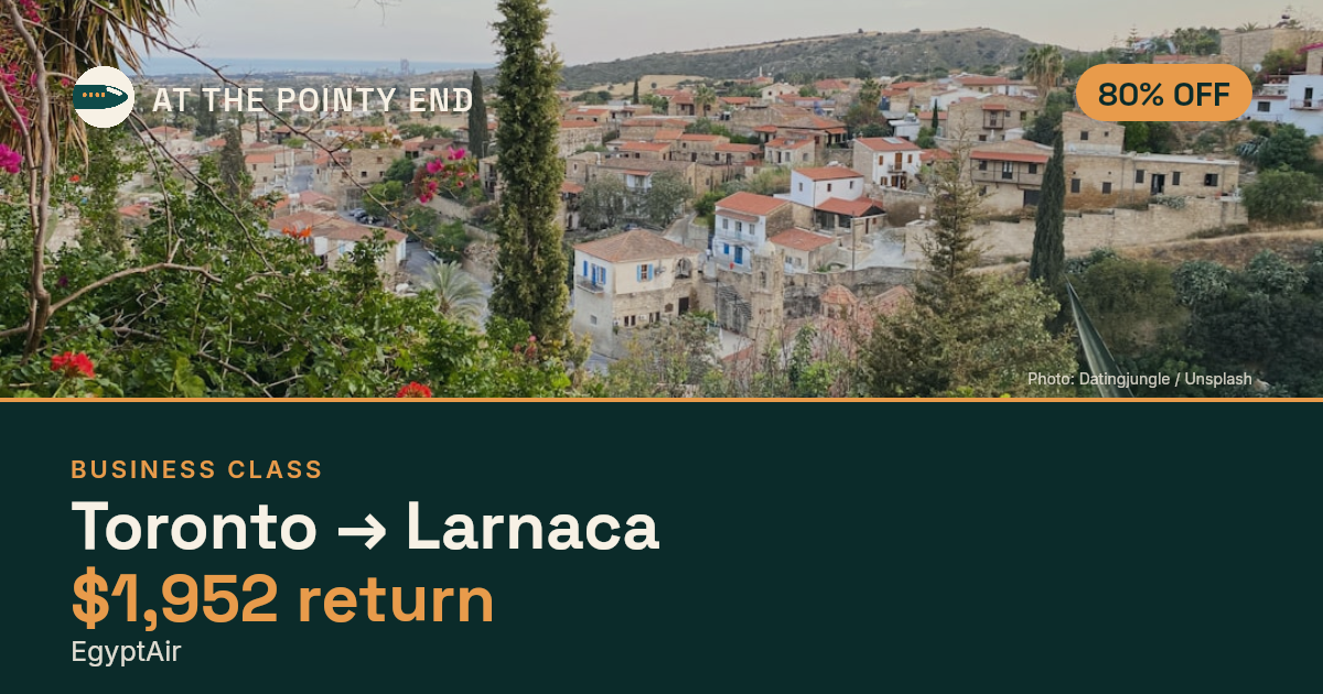 Business return to Larnaca from US$1,952, well below typical. Checked against live availability.
