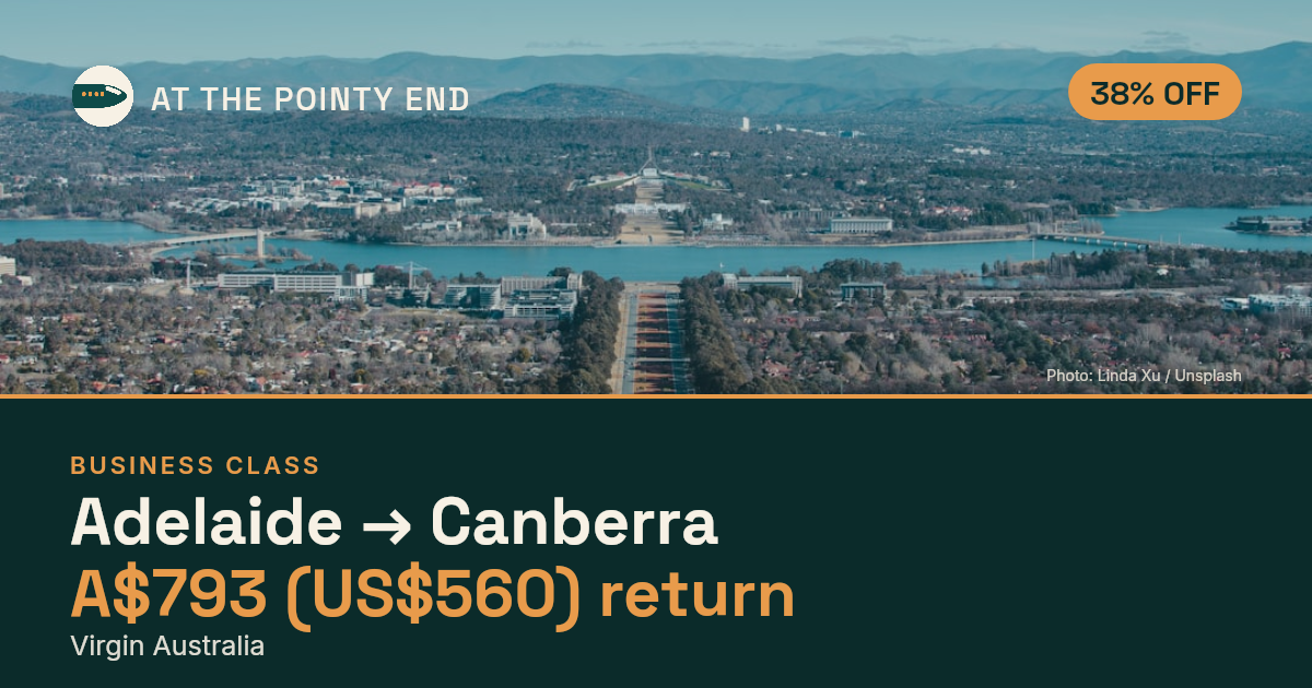Business return to Canberra from US$560, about 38% off. Checked against live availability.