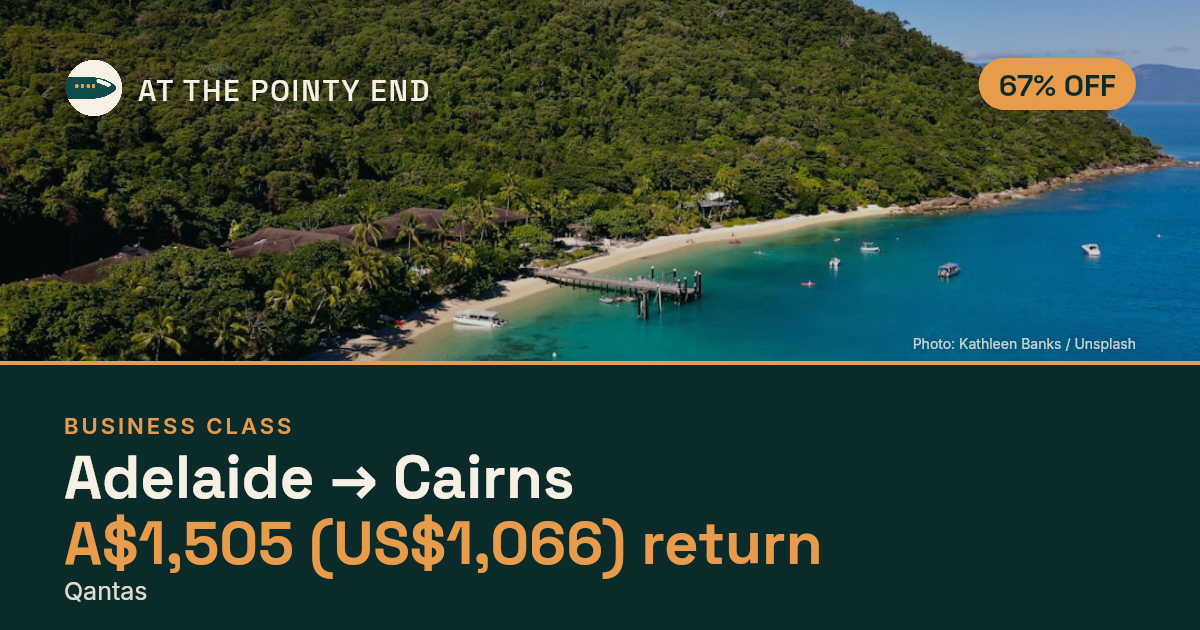 Business return to Cairns from US$1,066, about 67% off. Checked against live availability.
