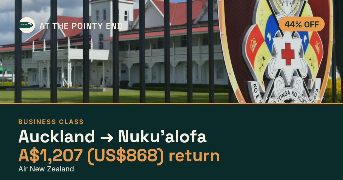 Business return to Nuku'alofa from US$868, about 44% off. Checked against live availability.