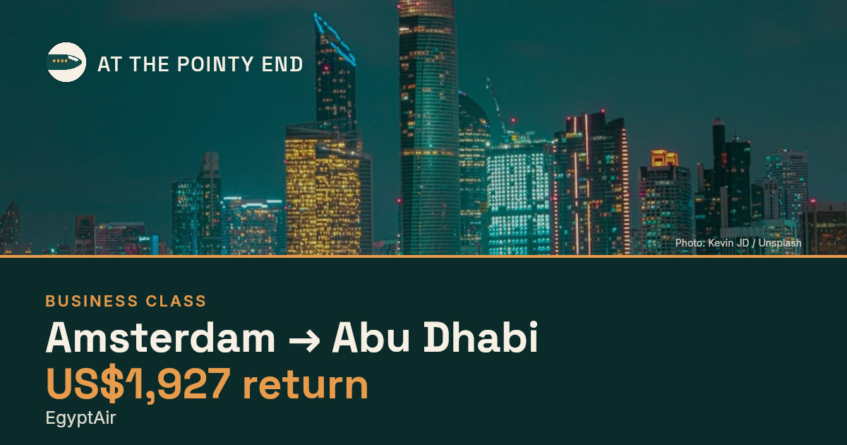 Business return to Abu Dhabi from US$1,927, well below typical. Checked against live availability.