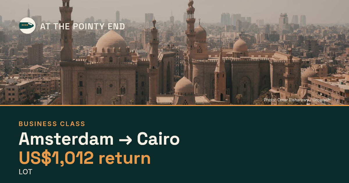 Business return to Cairo from US$1,012, well below typical. Checked against live availability.
