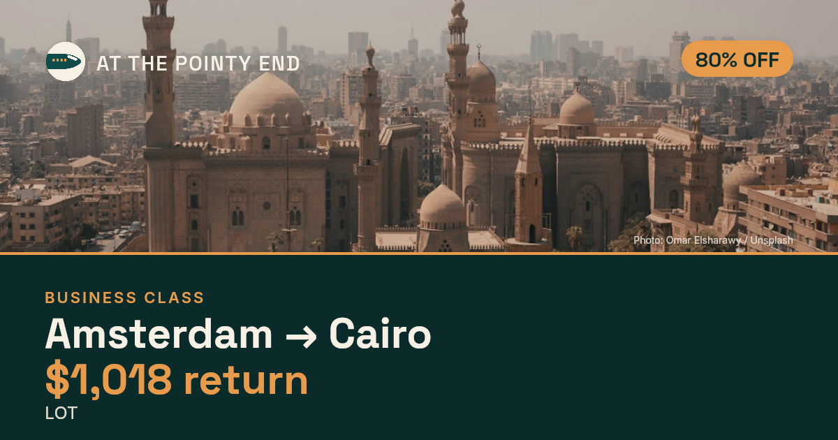 Business return to Cairo from US$1,018, well below typical. Checked against live availability.