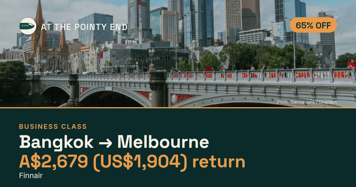 Business return to Melbourne from US$1,904, about 65% off. Checked against live availability.