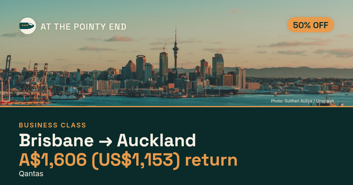 Business return to Auckland from US$1,153, about 50% off. Checked against live availability.