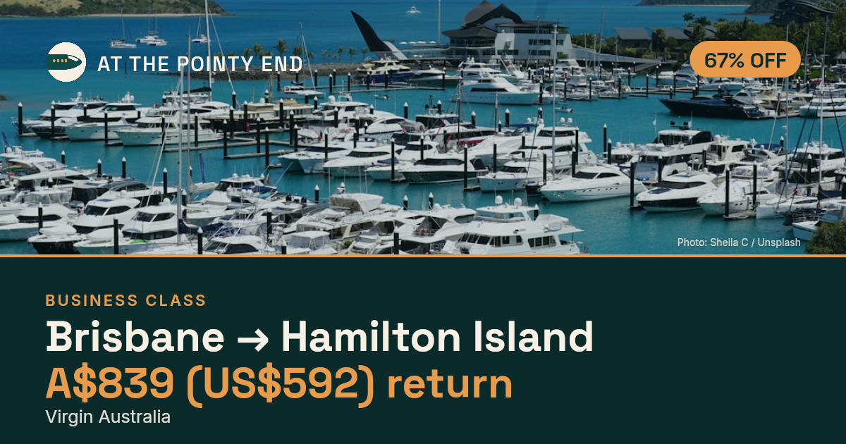 Business return to Hamilton Island from US$592, about 67% off. Checked against live availability.