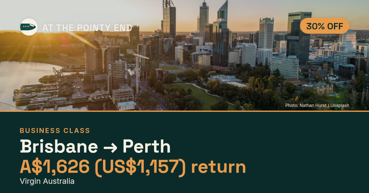 Business return to Perth from US$1,157, about 30% off. Checked against live availability.