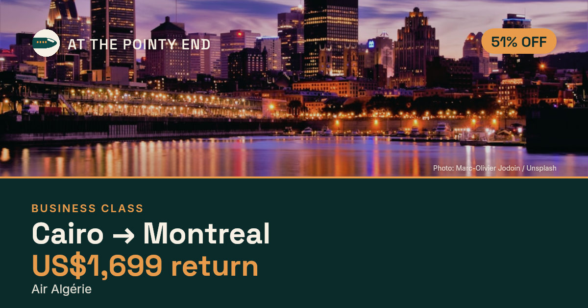 Business return to Montreal from US$1,699, about 51% off. Checked against live availability.