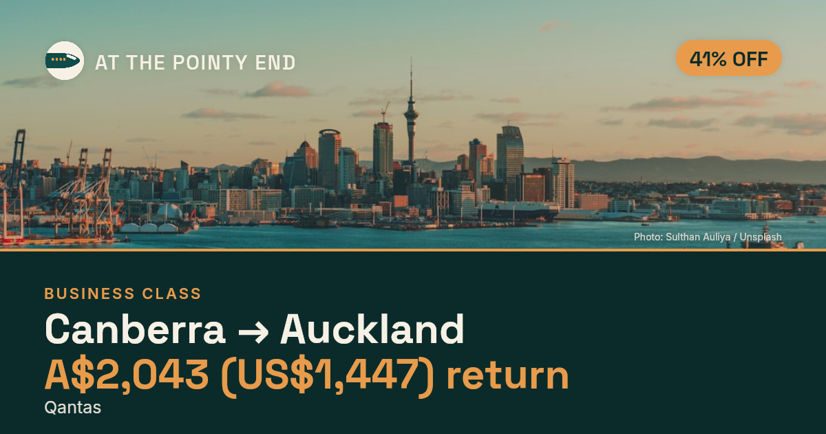 Business return to Auckland from US$1,447, about 41% off. Checked against live availability.