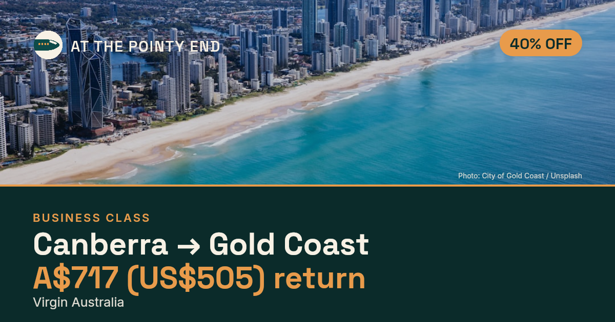 Business return to Gold Coast from US$505, about 40% off. Checked against live availability.