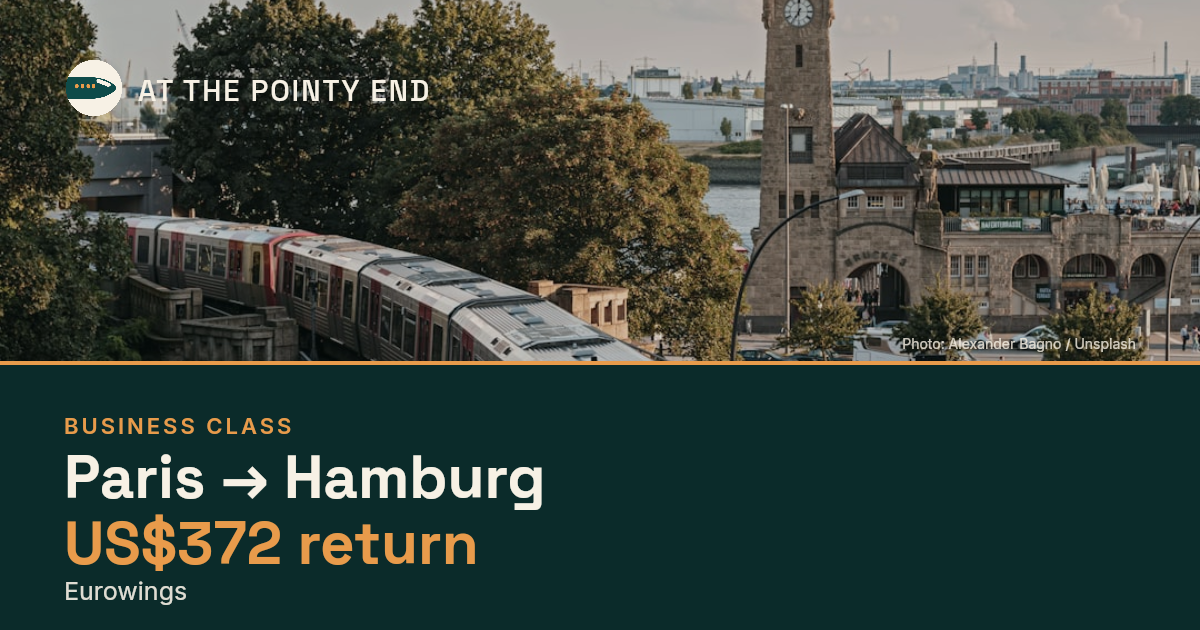 Business return to Hamburg from US$372, well below typical. Checked against live availability.