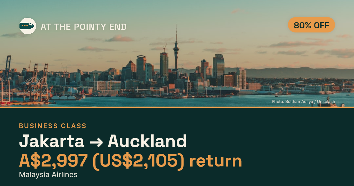 EXPIRED: Business return to Auckland was US$2,105. The links inside still show today's best fares.