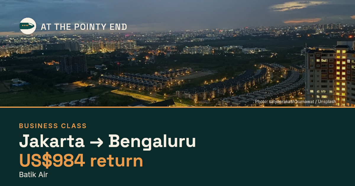 Business return to Bengaluru from US$984, well below typical. Checked against live availability.