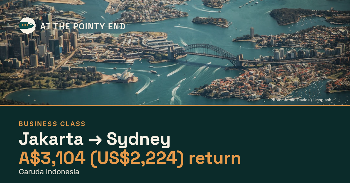 Business return to Sydney from US$2,224, well below typical. Checked against live availability.