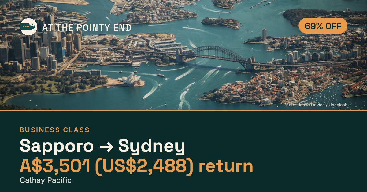 Business return to Sydney from US$2,488, about 69% off. Checked against live availability.