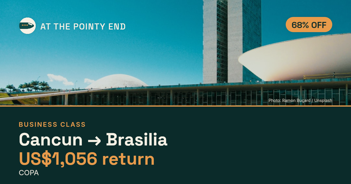 Business return to Brasilia from US$1,056, about 68% off. Checked against live availability.
