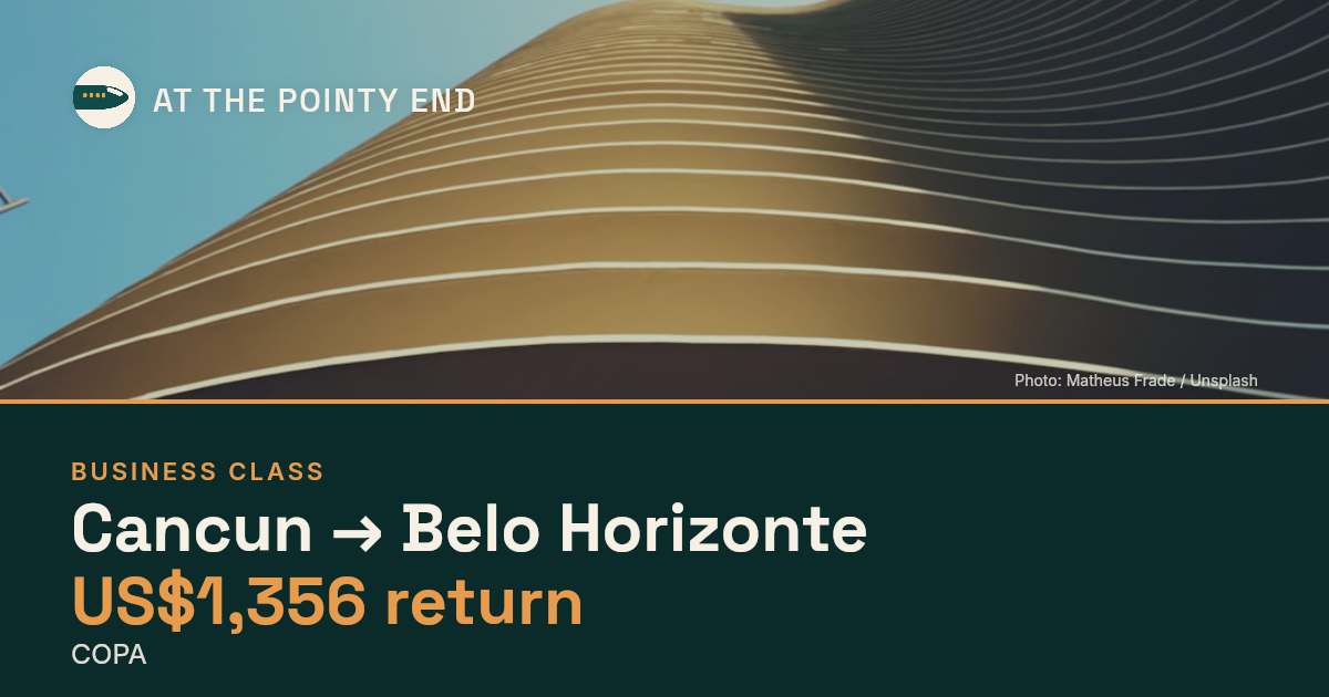 Business return to Belo Horizonte from US$1,356, well below typical. Checked against live availability.