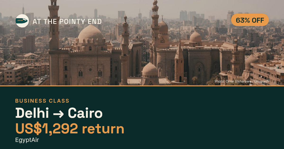 Business return to Cairo from US$1,292, about 63% off. Checked against live availability.