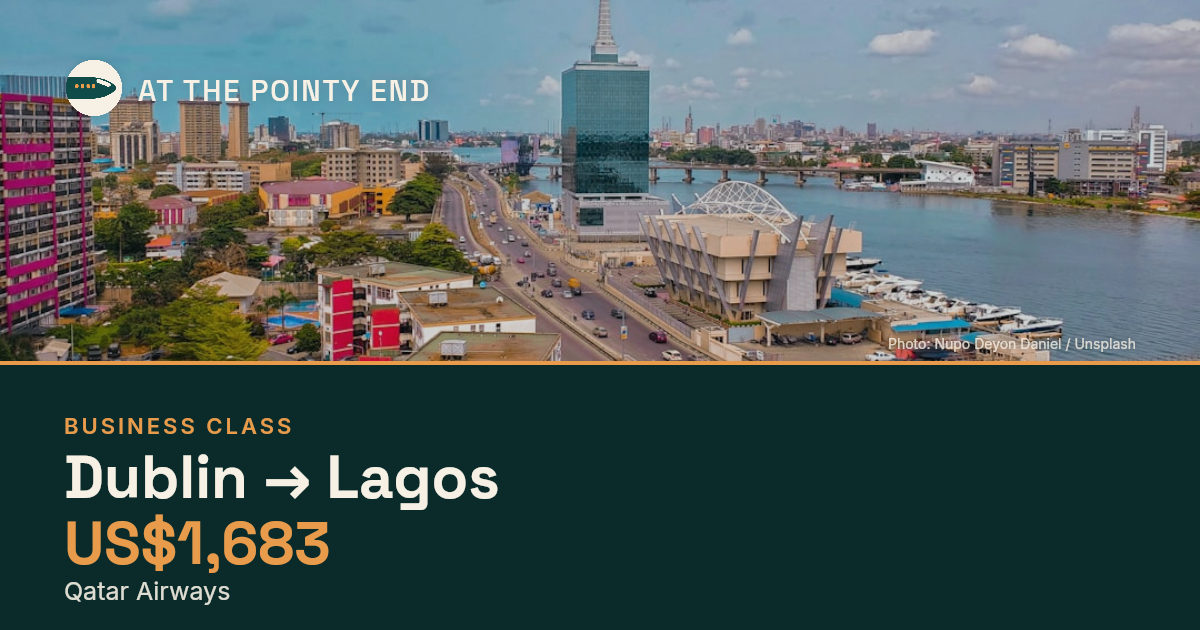 Business multi-city to Lagos from US$1,683. Checked against live availability.