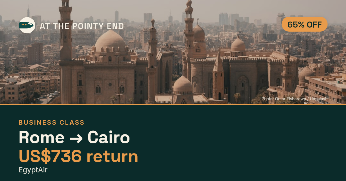 Business return to Cairo from US$736, about 65% off. Checked against live availability.