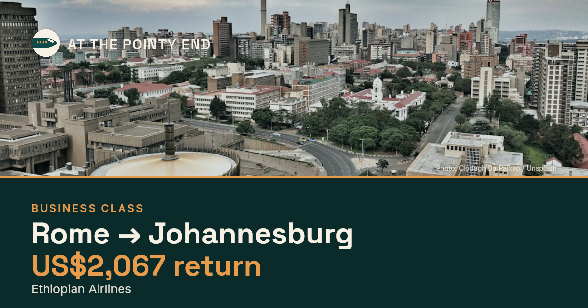 Business return to Johannesburg from US$2,067, well below typical. Checked against live availability.