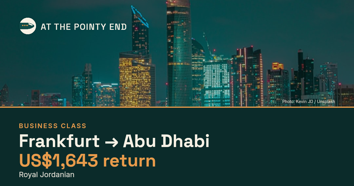 Business return to Abu Dhabi from US$1,643, well below typical. Checked against live availability.