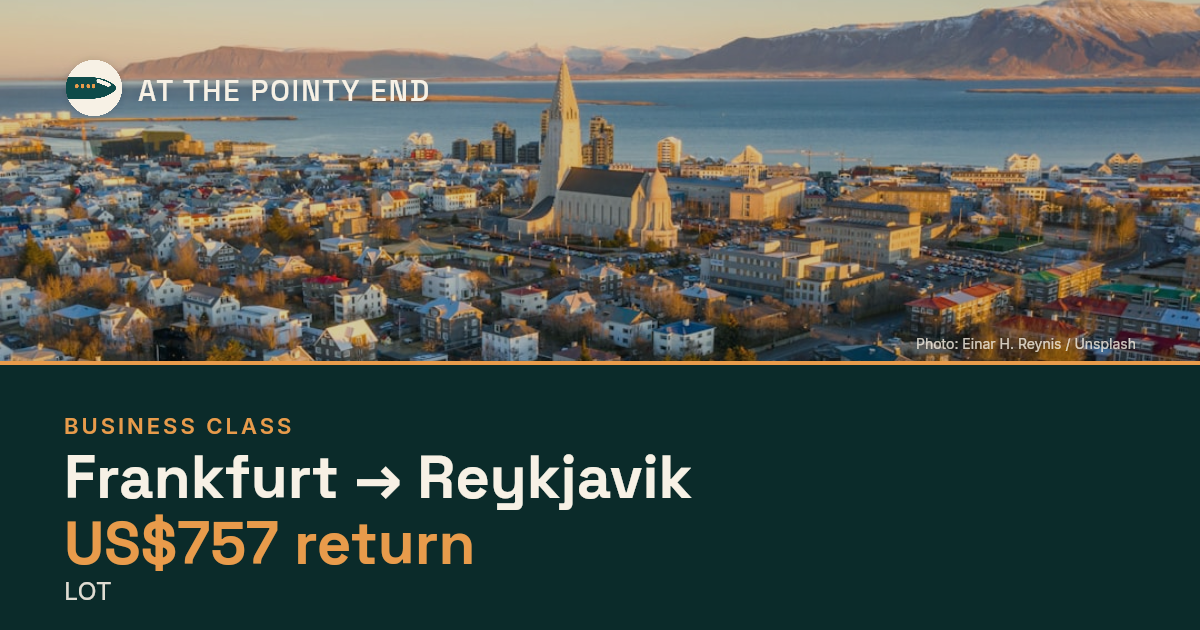 Business return to Reykjavik from US$757, well below typical. Checked against live availability.