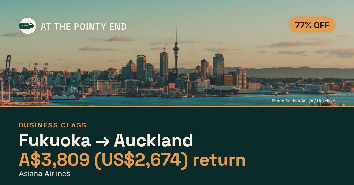 Business return to Auckland from US$2,674, well below typical. Checked against live availability.