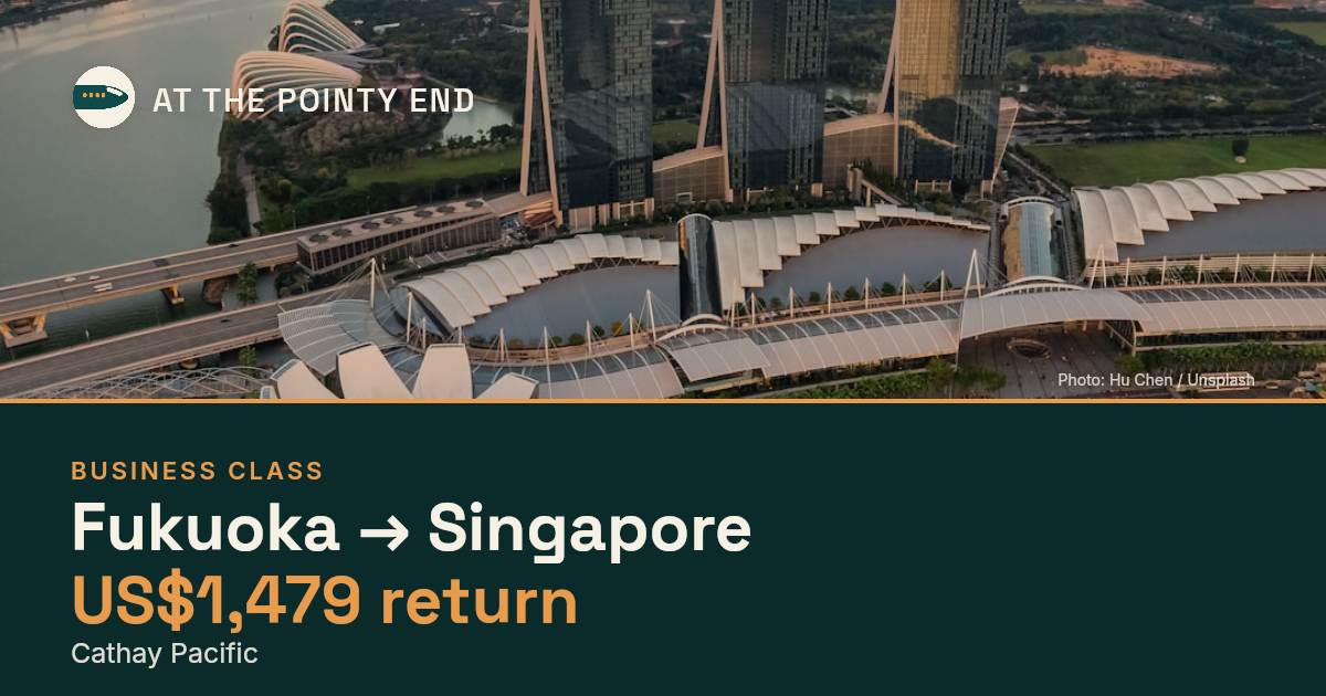 Business return to Singapore from US$1,479, well below typical. Checked against live availability.