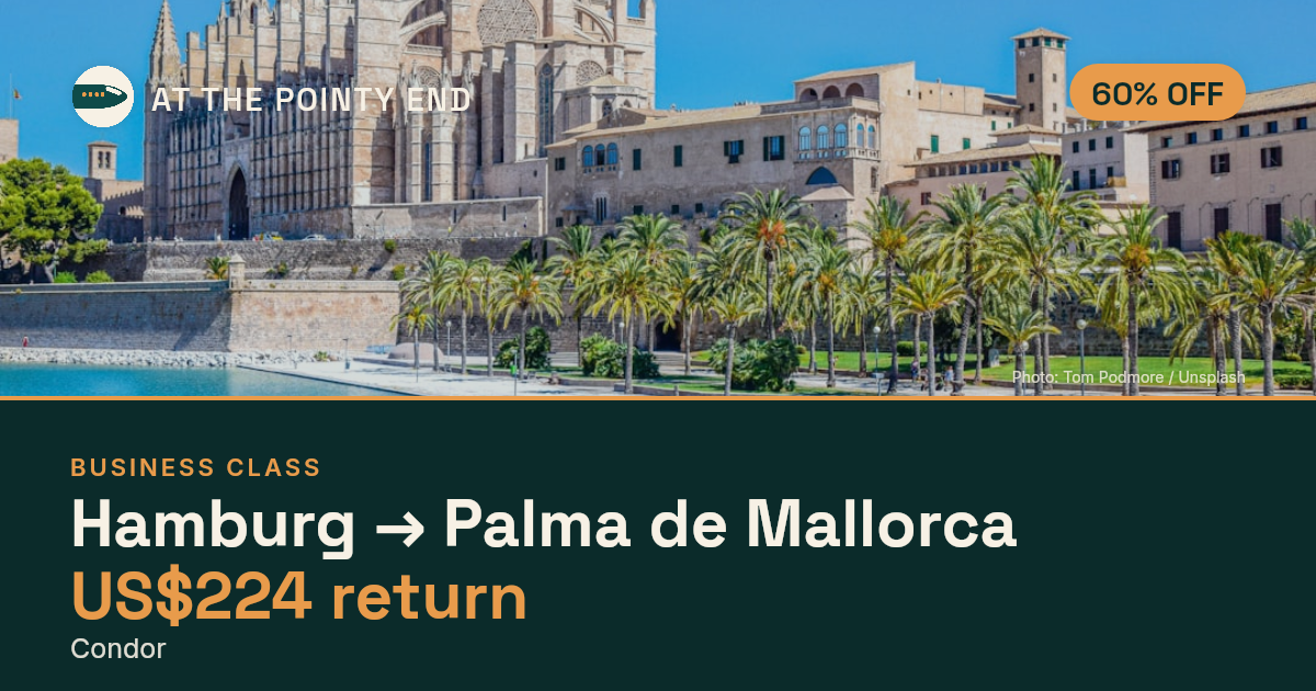 Business return to Palma de Mallorca from US$224, about 60% off. Checked against live availability.