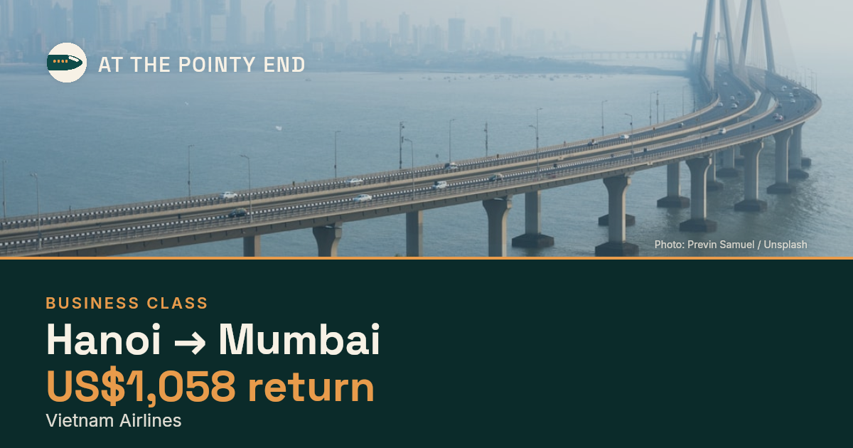 Business return to Mumbai from US$1,058, well below typical. Checked against live availability.