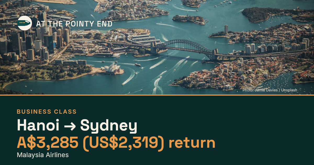 Business return to Sydney from US$2,319, well below typical. Checked against live availability.