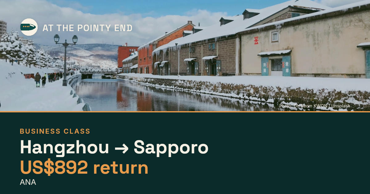 Business return to Sapporo from US$892, well below typical. Checked against live availability.