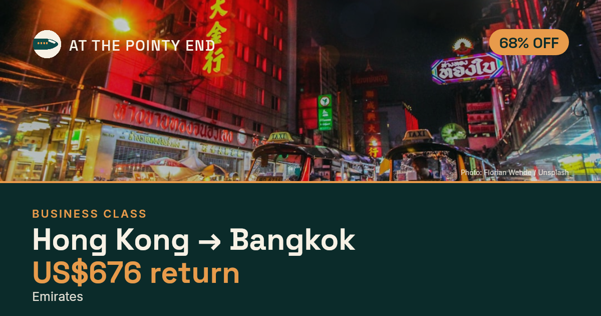 Business return to Bangkok from US$676, about 68% off. Checked against live availability.