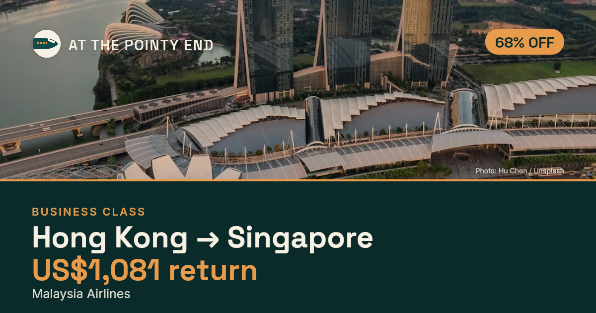 Business return to Singapore from US$1,081, about 68% off. Checked against live availability.