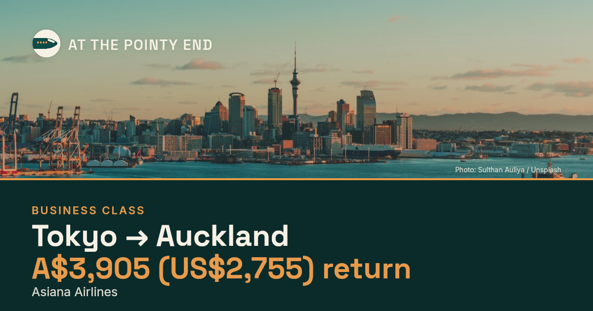Business return to Auckland from US$2,755, well below typical. Checked against live availability.