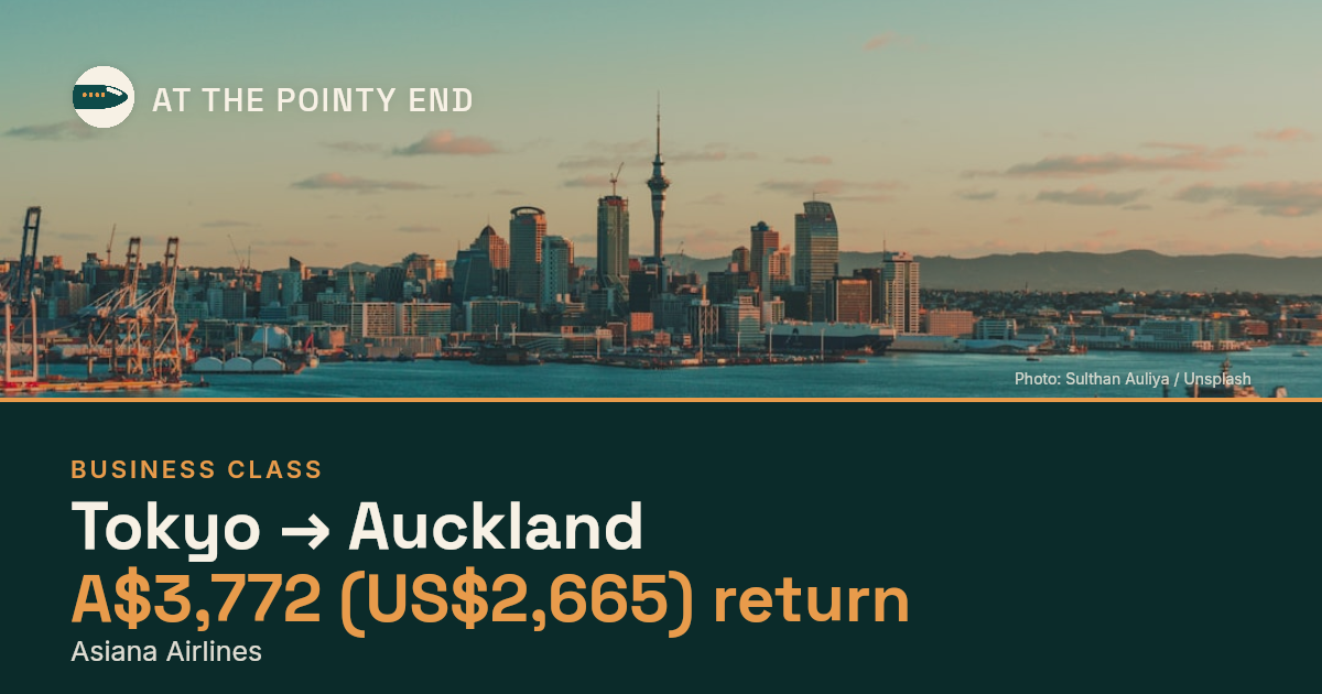 Business return to Auckland from US$2,665, well below typical. Checked against live availability.
