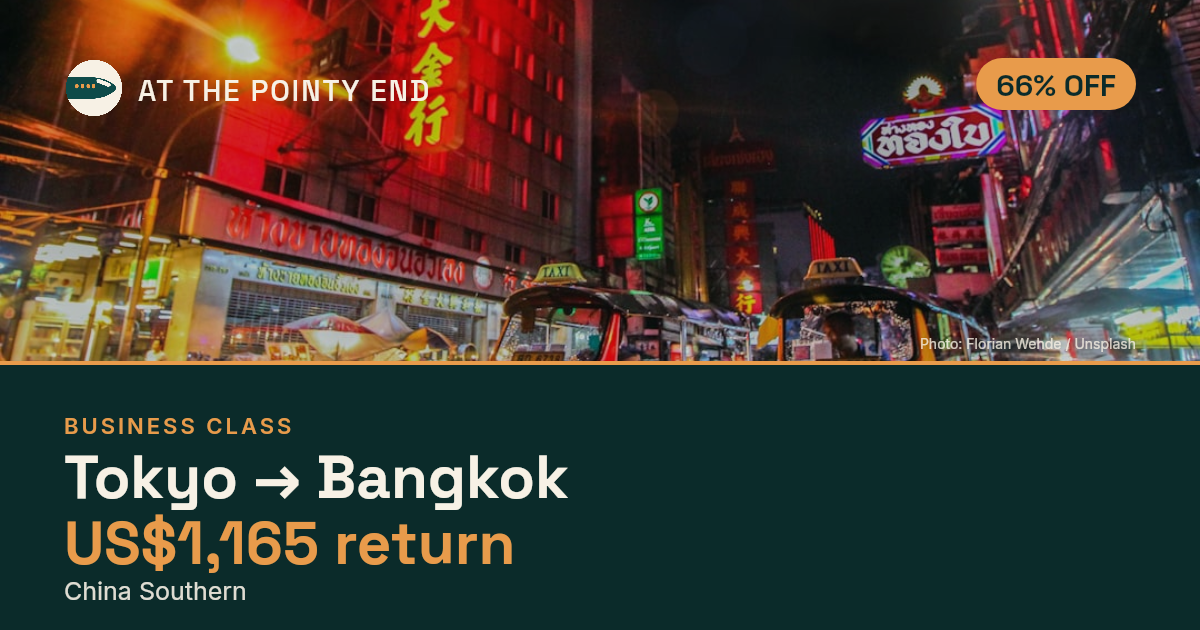 Business return to Bangkok from US$1,165, about 66% off. Checked against live availability.