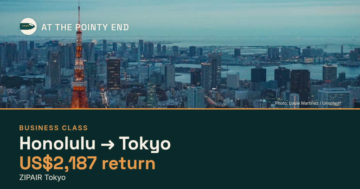 Business return to Tokyo from US$2,187, well below typical. Checked against live availability.