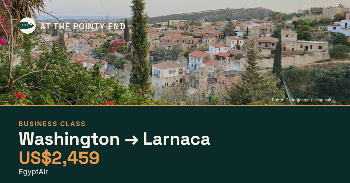 Business one-way to Larnaca from US$2,459, well below typical. Checked against live availability.